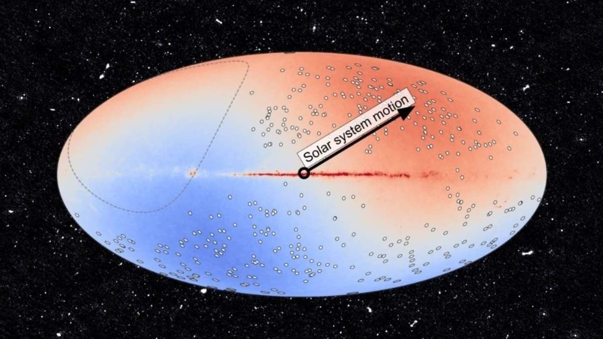 Un mapa del cielo superpuesto a una porción de puntos individuales de MeerKAT que contienen unos cuantos miles de fuentes de radio