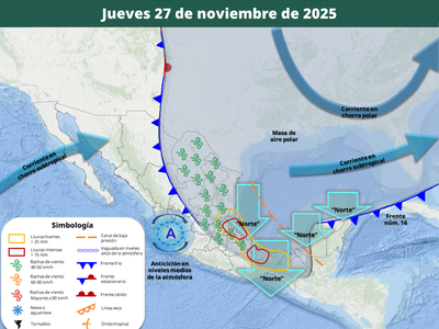 Masa de aire polar del frente frío 16 cubrirá la mitad del país el jueves; lluvias se intensificarán
