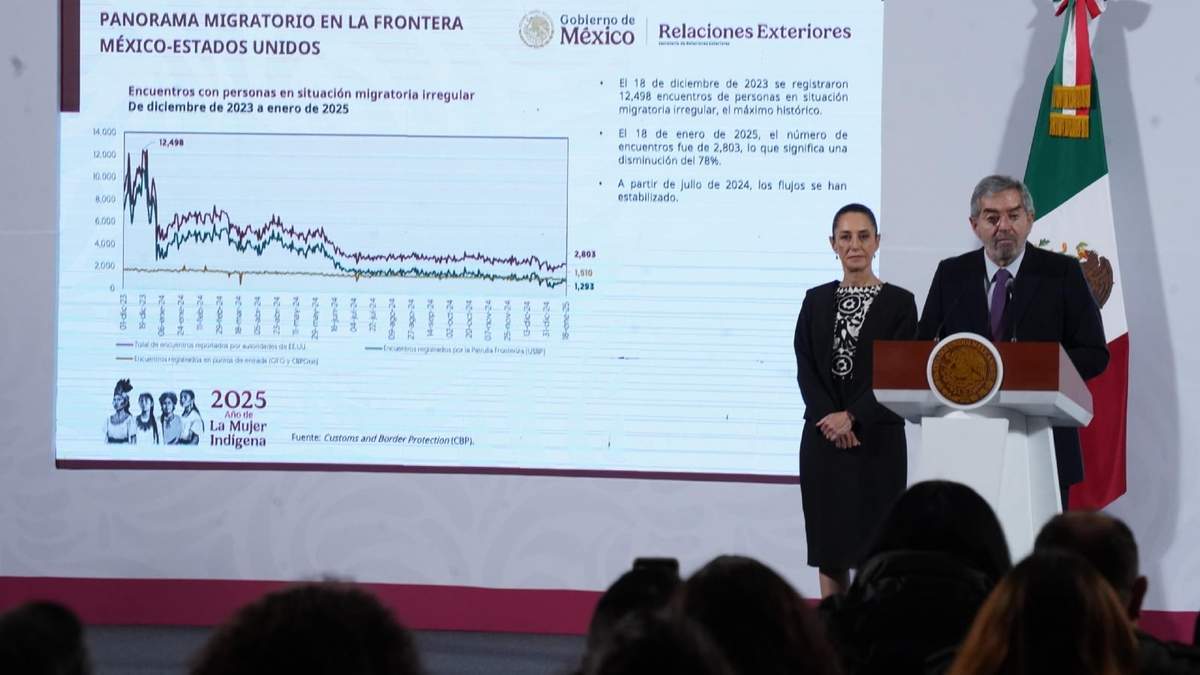 El canciller Juan Ramón de la Fuente y la presidenta Sheinbaum en conferencia