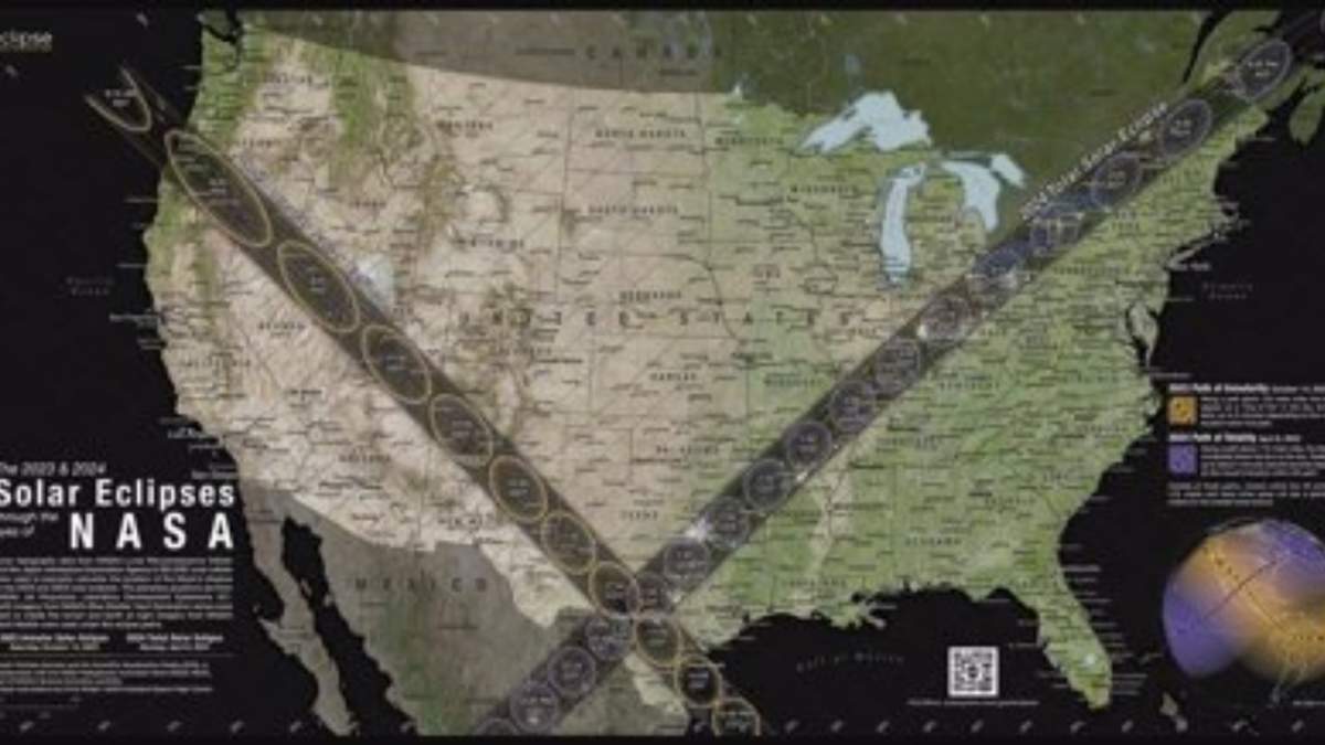 Este mapa detalla la trayectoria que tomará la sombra de la Luna cuando cruce los Estados Unidos contiguos durante el eclipse solar anular del 14 de octubre de 2023