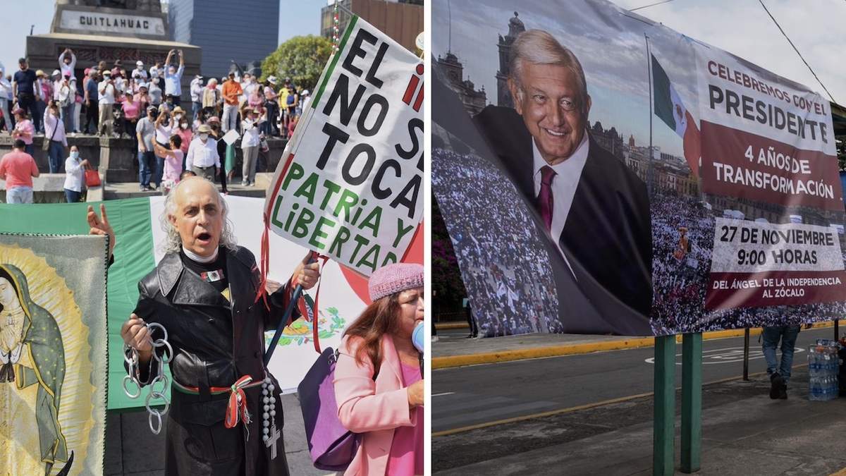 La manifestación del 13 de noviembre y un cartel que convoca a la del próximo domingo