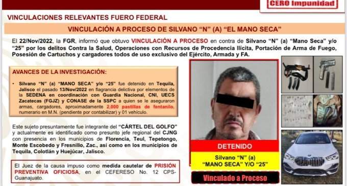 Silvano “N”, presunto jefe regional de un grupo delictivo con presencia en los estados de Jalisco y Zacatecas