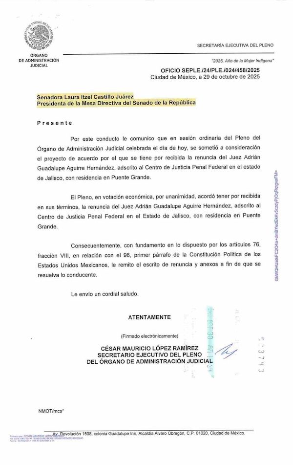 Renuncia del juez electo, Adrián Guadalupe Aguirre Hernández, adscrito al Centro de Justicia Penal Federal en Puente Grande, Jalisco