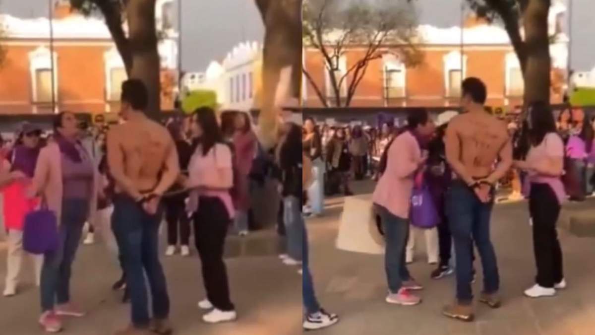 Videos difundidos tras la marcha del 8M en Tlaxcala muestran el momento en que una mujer señala a un participante por presunta deuda alimentaria.