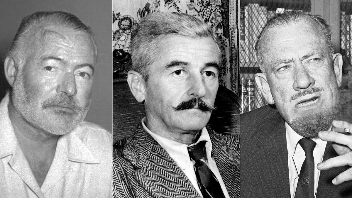 Esta combinación de fotografías muestra a los autores Ernest Hemingway en 1950, a la izquierda, William Faulkner en 1950, en el centro, y John Steinbeck en 1962