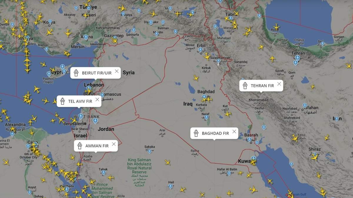 Rastreo de vuelos sobre Israel, Jordania, Líbano, Irak e Irán