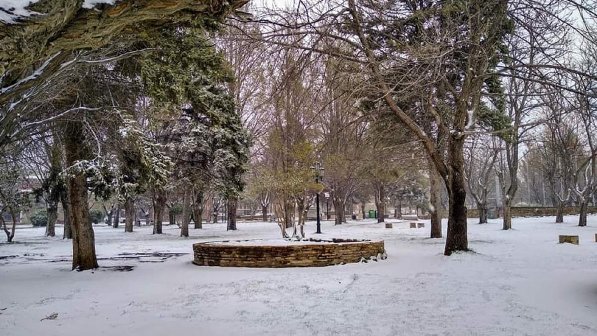 La tradicional Plaza de los Próceres de Zapala cubierta de nieve en plena primavera. Fuente: (Twitter).