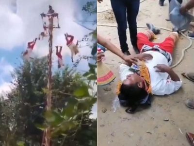 Cinco Voladores de Papantla caen de más de 10 metros tras colapso de estructura (Videos)