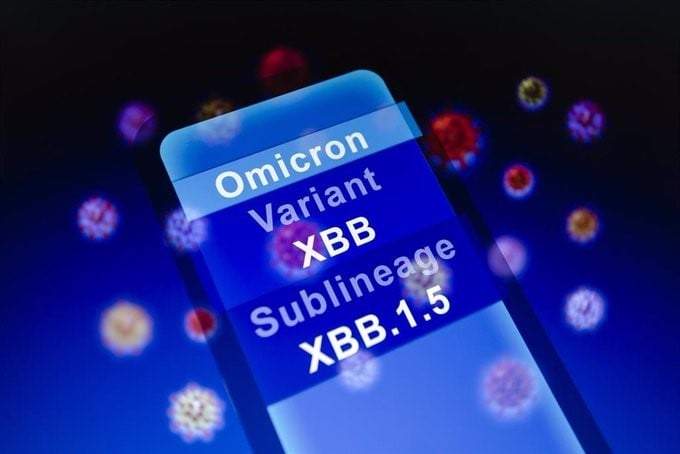 Ómicron, variante XBB y su sublinaje XBB.1.5, mostrada en un smartphone con fondo de representación visual de virus