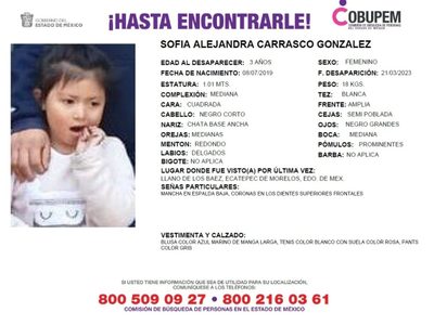 Emiten Alerta Amber por la desaparición de Sofía, de 3 años, en Ecatepec