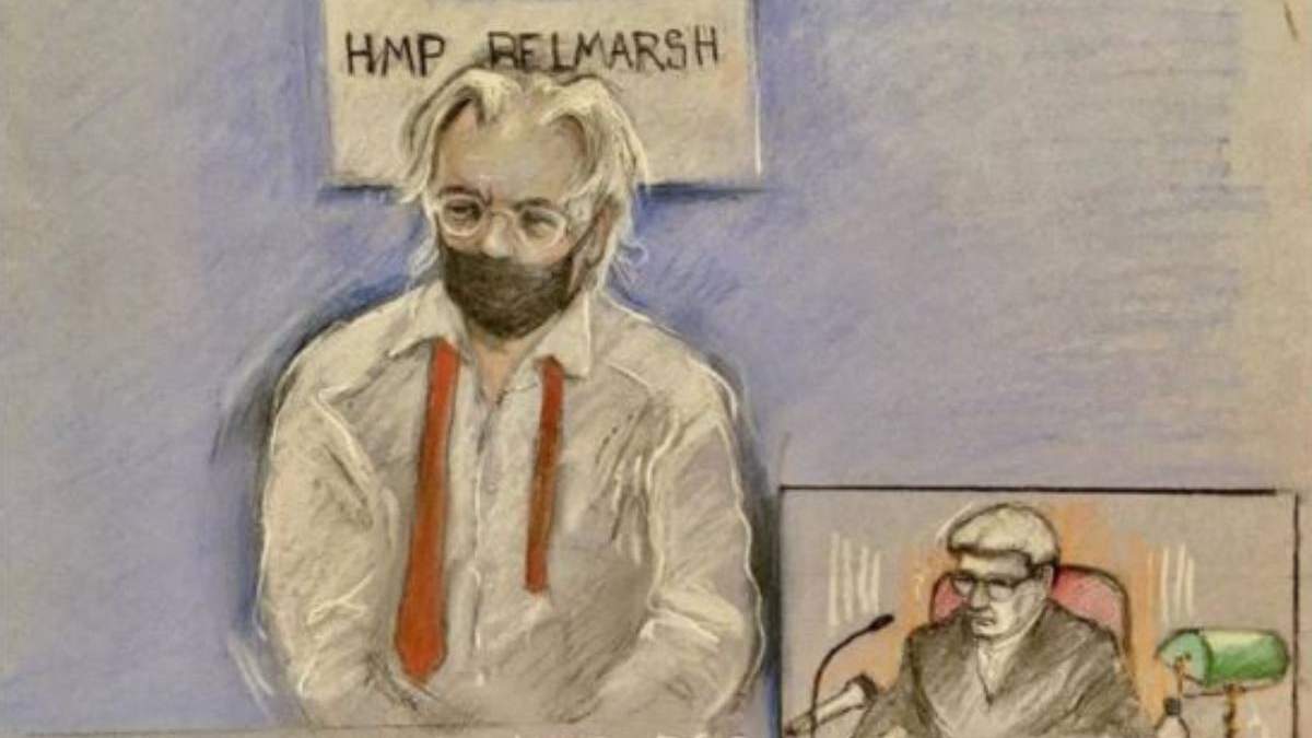Dibujo de Julian Assange en una vista judicial