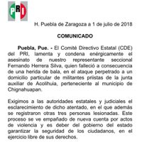 PRI-Puebla confirma el asesinato de representantes seccionales en Chignahuapan
