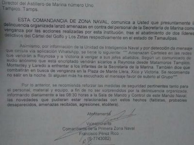 Pide Armada reforzar seguridad de sus elementos ante amenazas del crimen en Tamaulipas