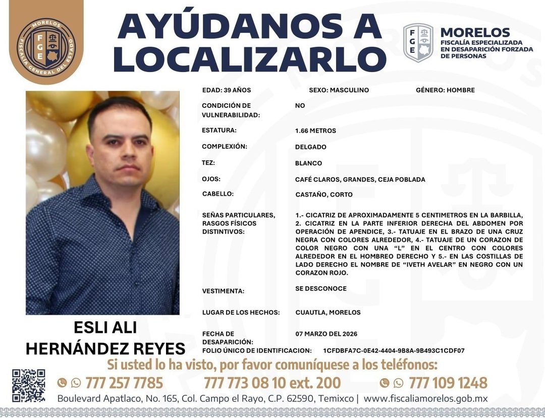 Ficha de desaparición del abogado penalista Esli Alí Hernández Reyes