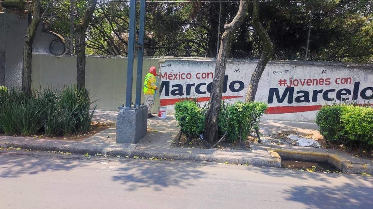 Un trabajador borra una de las pintas que promueven al canciller