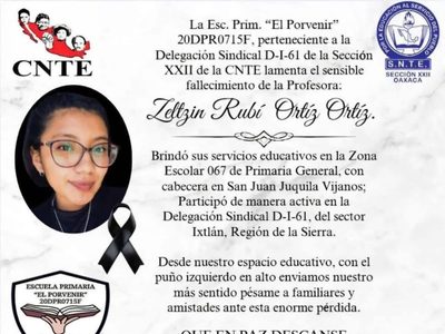 Investigan como feminicidio el asesinato de la maestra Zeltzin Rubí en Oaxaca