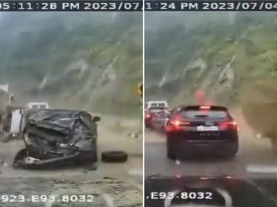 Rocas gigantes aplastan tres vehículos en una carretera; hay 2 muertos (Video)