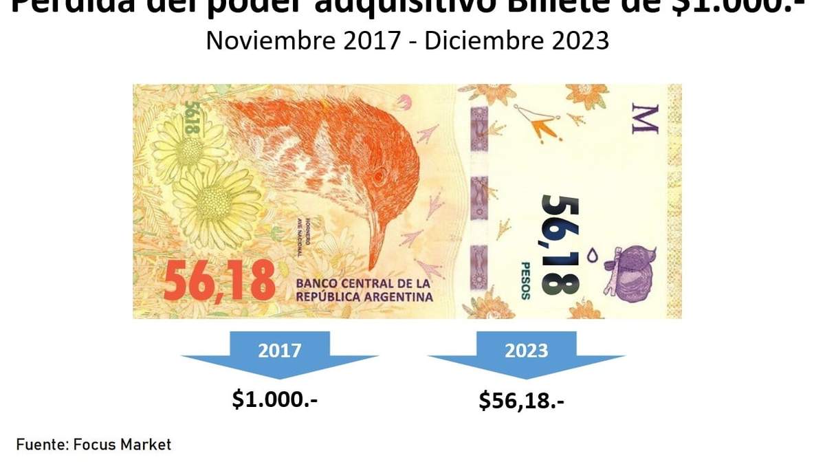 El billete argentino tendrá una pérdida de valor de 94% para diciembre de 2023. Fuente: (Infobae)