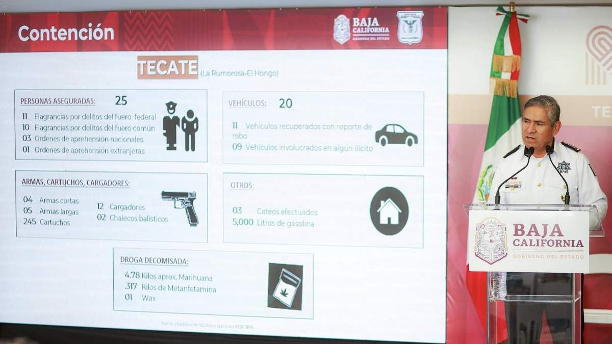 El general Laureano Carrillo Rodríguez, titular de la SSPC de Baja California, durante la conferencia mañanera de la gobernadora en Tecate