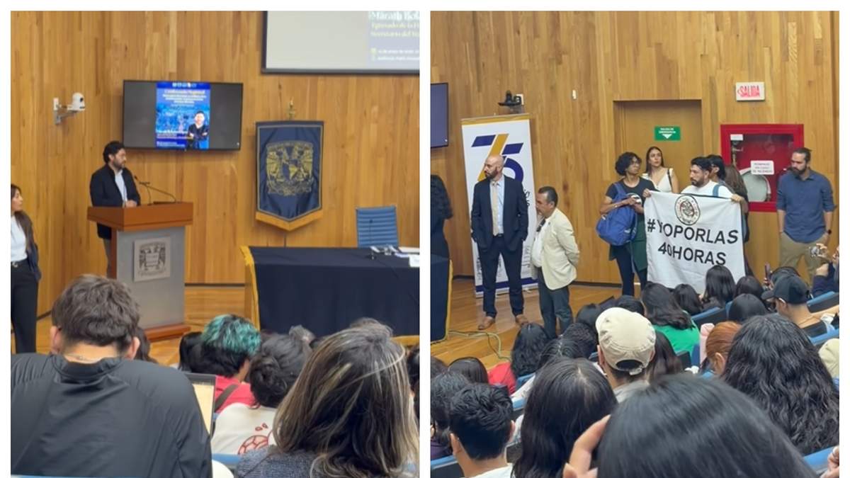 El secretario del Trabajo estaba por comenzar su conferencia cuando fue interrumpido por manifestantes