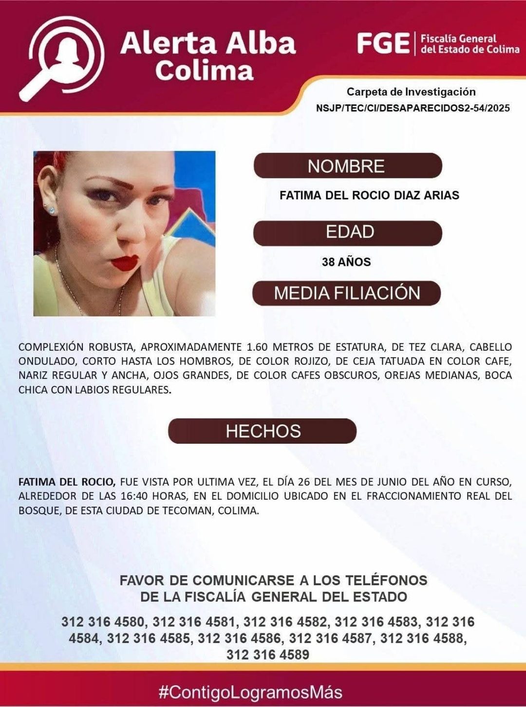 Ficha de búsqueda de Fátima del Rocío Díaz Arias, agente de la Dirección de Seguridad Pública y Vialidad de Tecomán