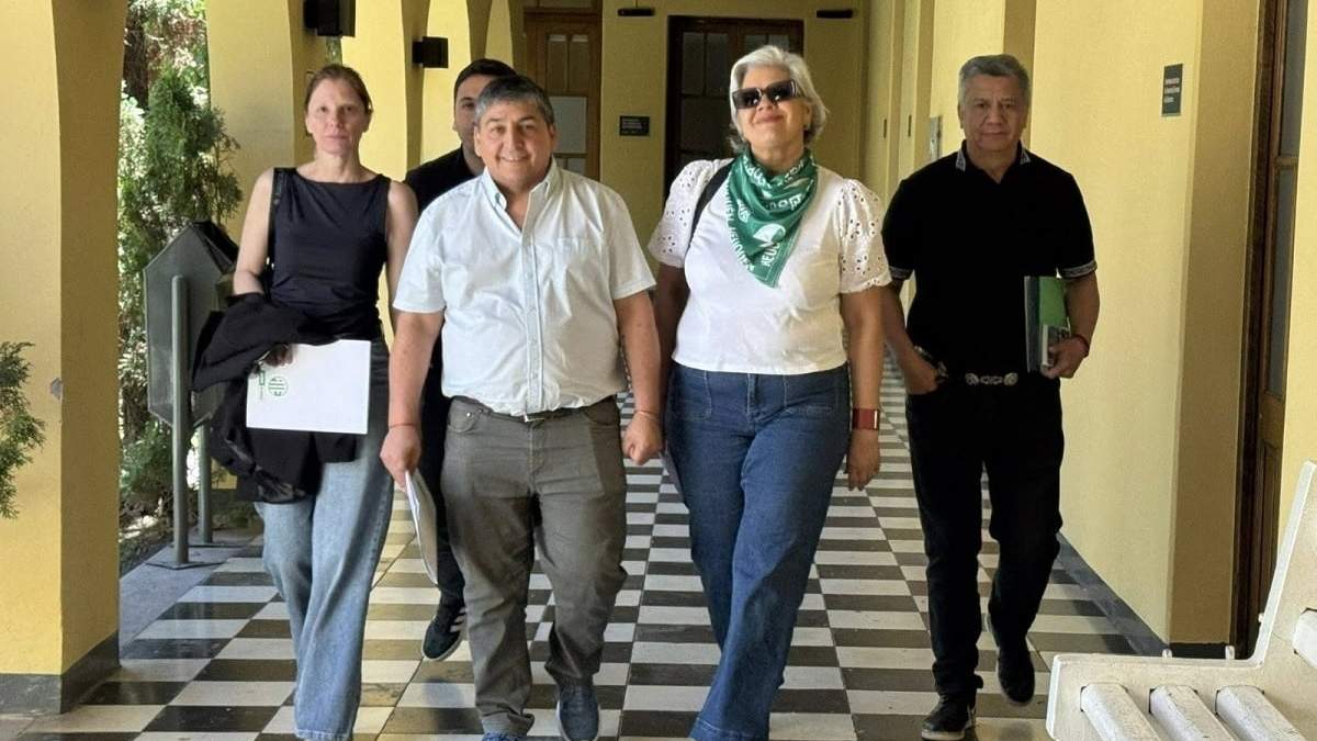 La comitiva de ATE, encabezada por Carlos Quintriqueo, al salir de Casa de Gobierno. Fuente (X)