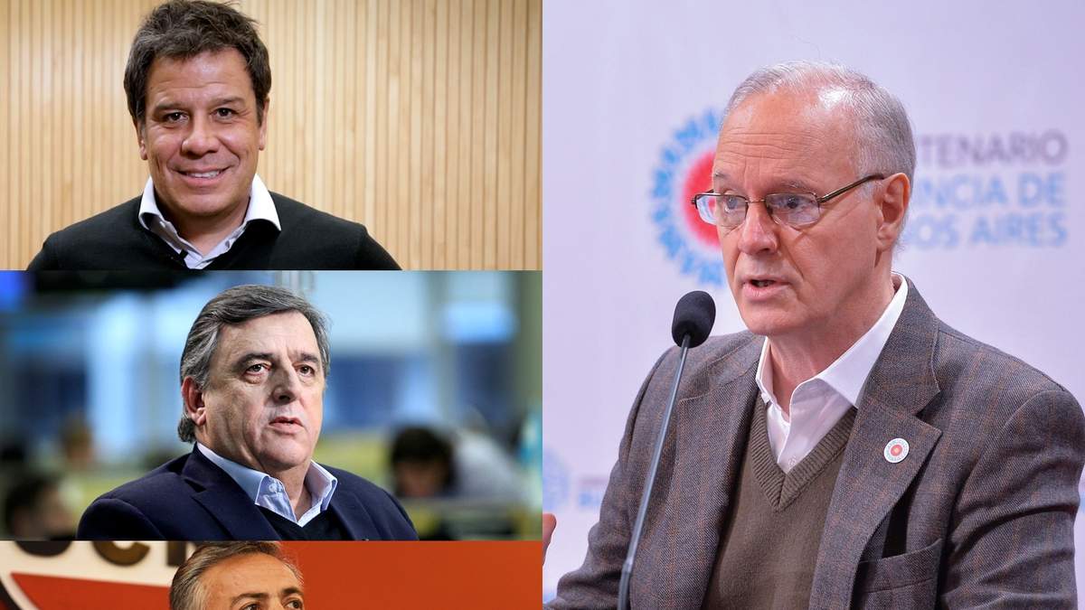 Los dirigentes opositores Facundo Manes, Mario Negri y Alfredo Cornejo y el candidato oficialista, Daniel Gollán. Fuente: (Minuto Neuquén)