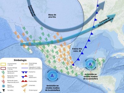 Frente frío 36 provocará lluvias y vientos fuertes este miércoles en los siguientes estados
