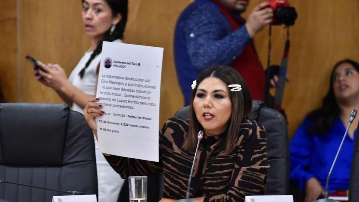 La diputada panista Genoveva Huerta mostró el tuit de Guillermo del Toro durante la comparecencia de Alejandra Frausto