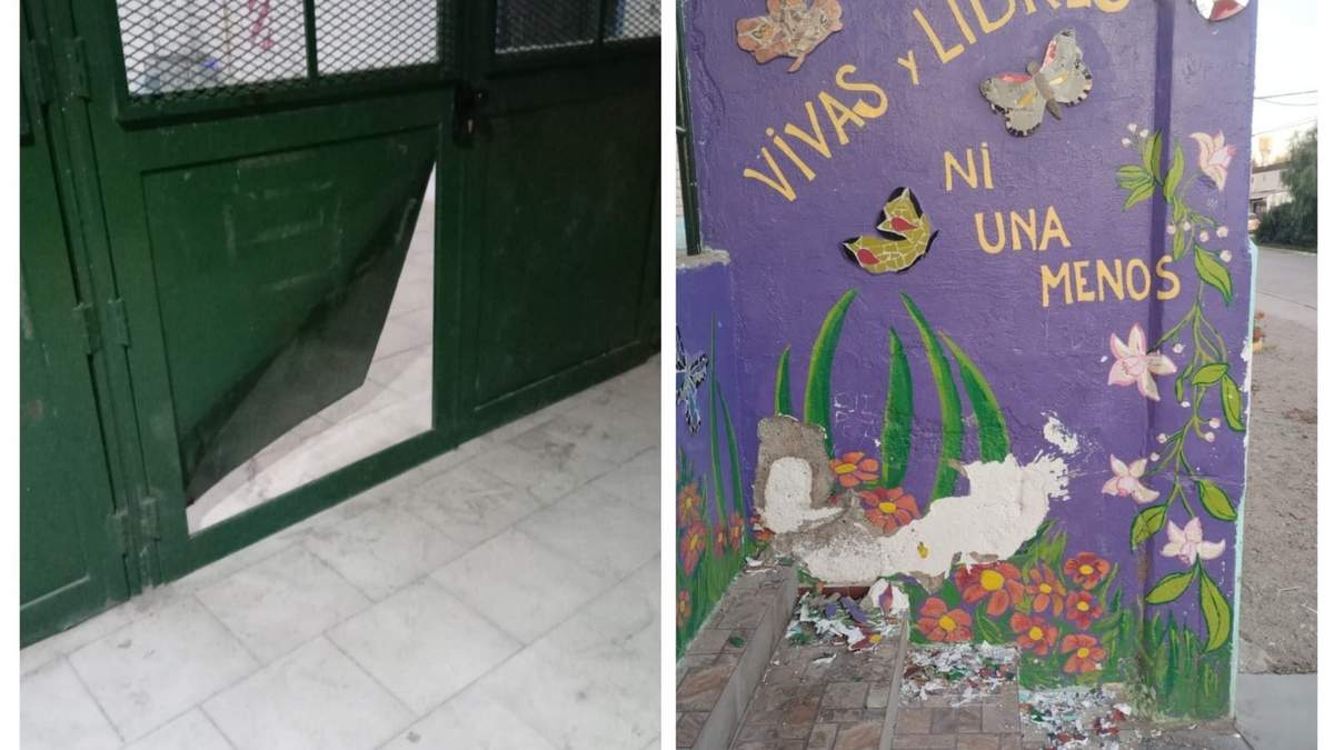 La puerta de entrada a la escuela y el mural  de la Escuela 154. Fuente: (facebook)