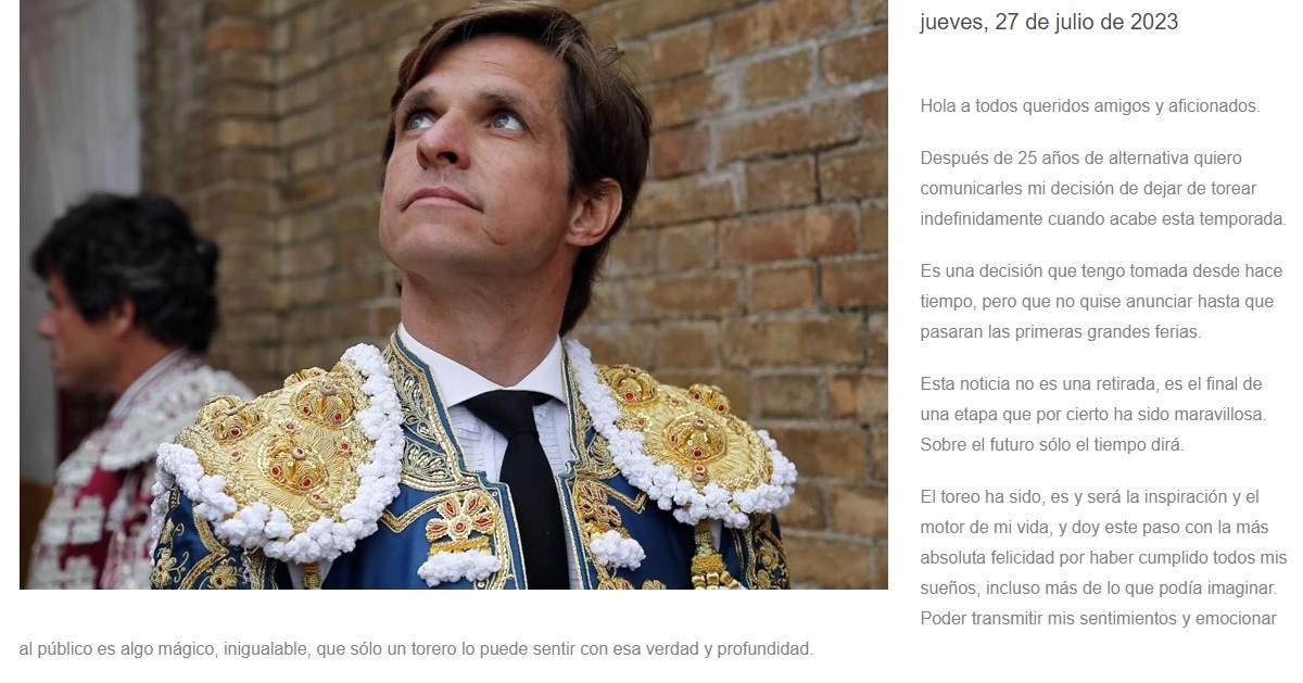 Fragmento del adiós de "El Juli", en su sitio oficial