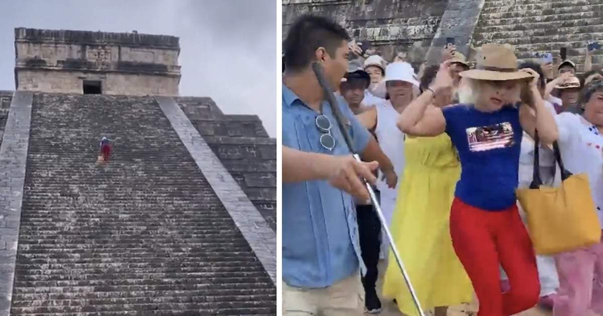 La mujer mientras subió a la pirámide y después, al ser agredida