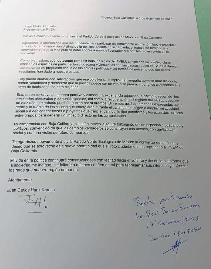 Carta de renuncia de Juan Carlos Hank Krauss