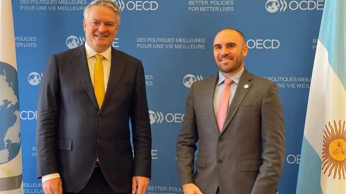 El ministro de Economía, Martín Guzmán, y el presidente del organismo que dirige a la IEA, Mathias Cormann. Fuente: (Twitter)