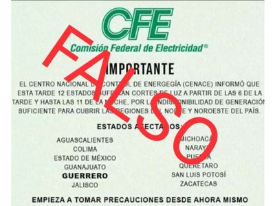 La CFE desmiente nuevos apagones para este viernes en 12 estados