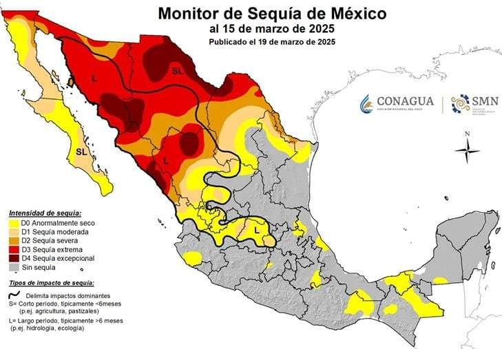 Monitor de sequía de Conagua al 15 de marzo de 2025
