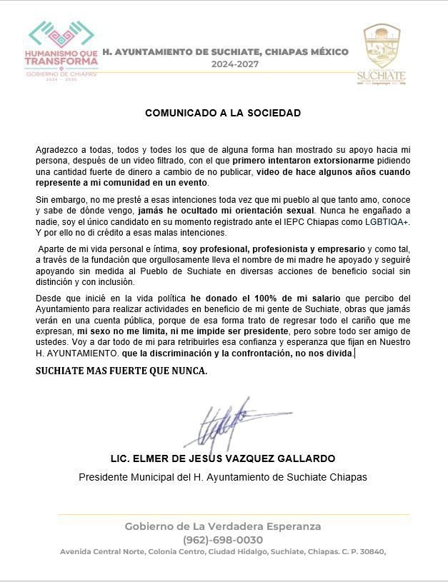 Comunicado del alcalde de Suchiate por intento de extorsión