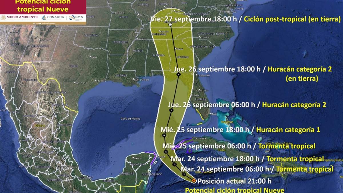 Trayectoria del potencial ciclón tropical Nueve y tormenta Helene