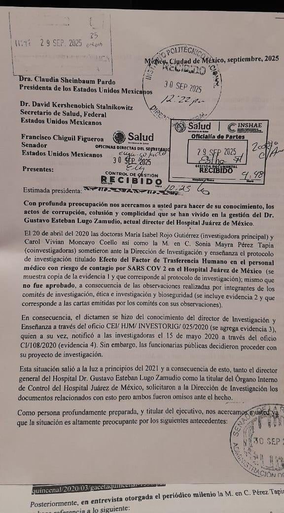 Oficio de los trabajadores del Hospital Juárez de México, recibido por Presidencia