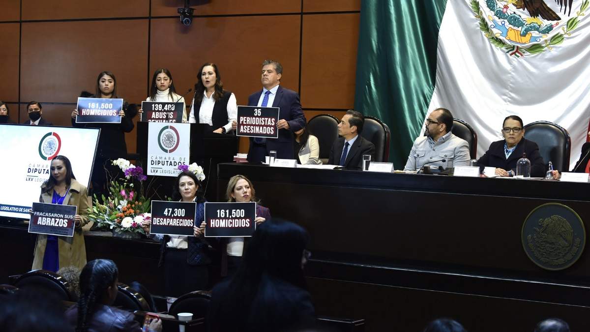 Legisladores muestran carteles durante la comparencia de Rosa Icela Rodríguez