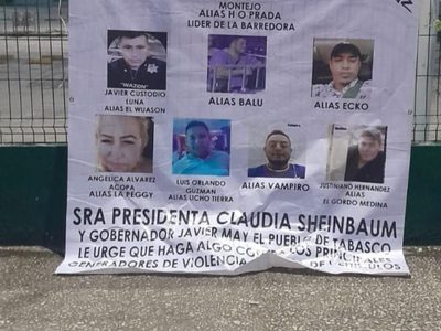 Dejan narcomantas en Tabasco dirigidas a Sheinbaum y al gobernador Javier May