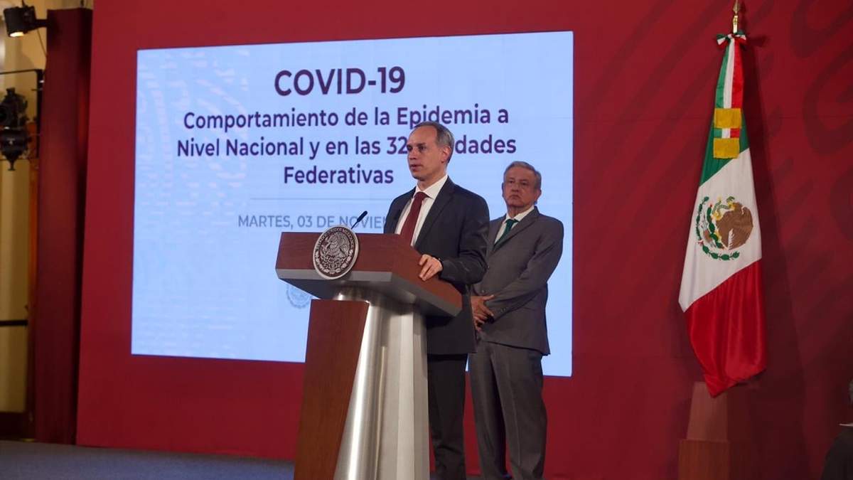 El presidente López Obrador escucha la exposición del subsecretario Hugo López-Gatell en la conferencia matutina del martes 3 de noviembre