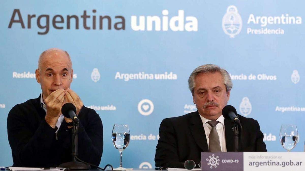 El jefe de Gobierno de la Ciudad de Buenos Aires, Horacio Rodríguez Larreta y el presidente de la Nación, Alberto Fernández. Fuente: (Twitter)