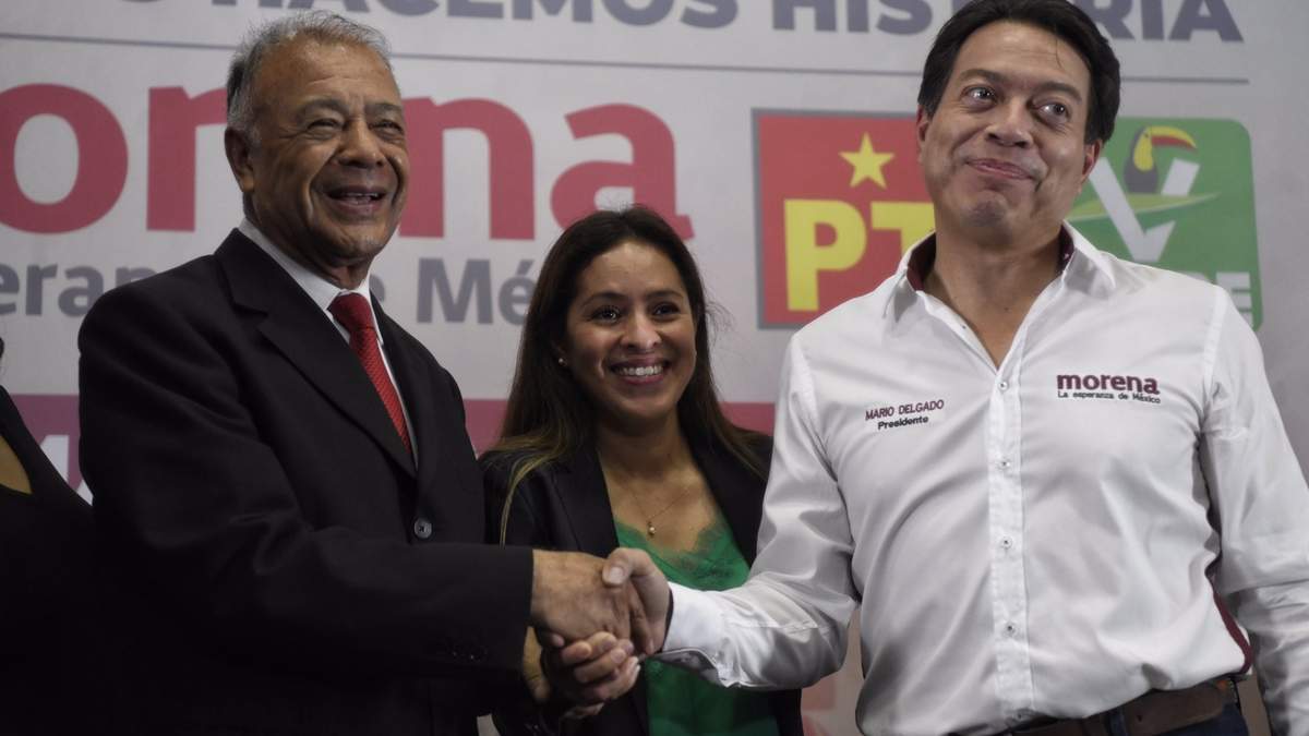 Alberto Anaya, Karen Castrejón y Mario Delgado, dirigentes del PT, PVEM y Morena
