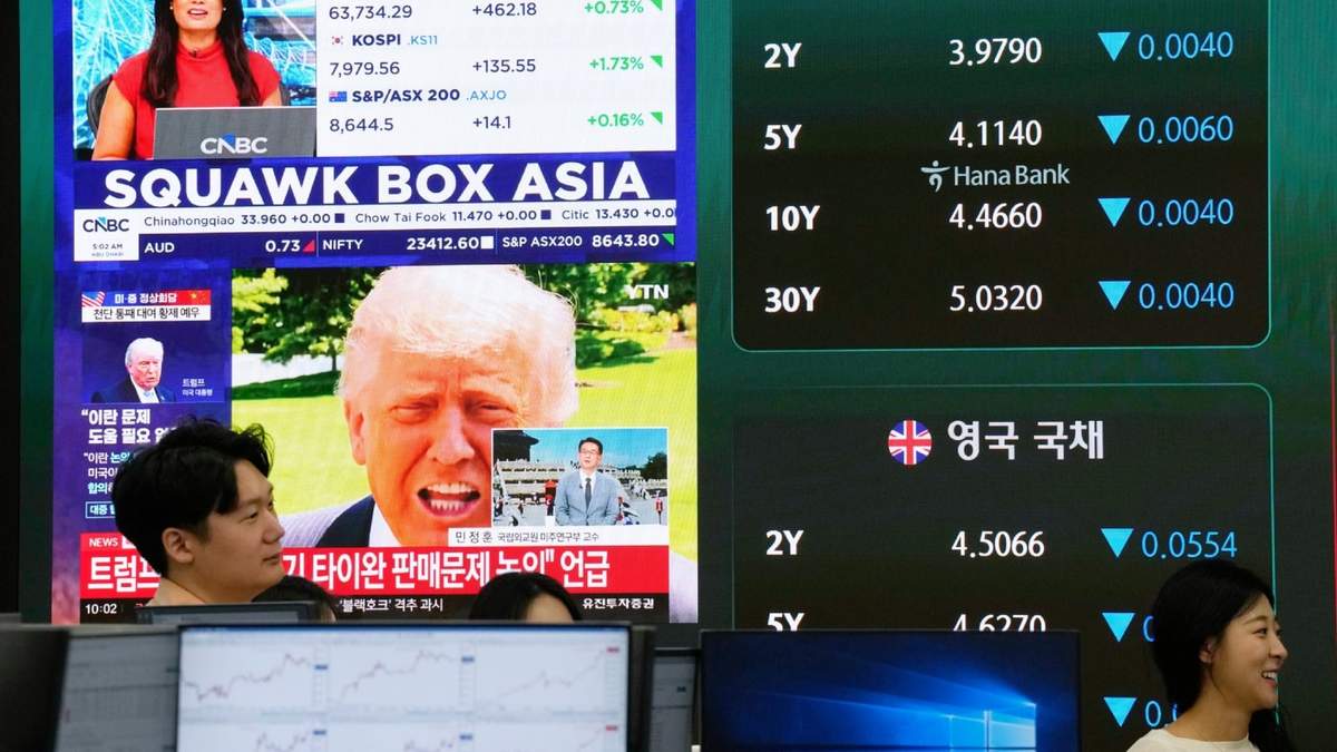 Los índices de las bolsas de Japón, Corea del Sur y Australia se muestran en una pantalla en una sala de la sede del Hana Bank en Seúl, Corea del Sur, el 14 de mayo de 2026