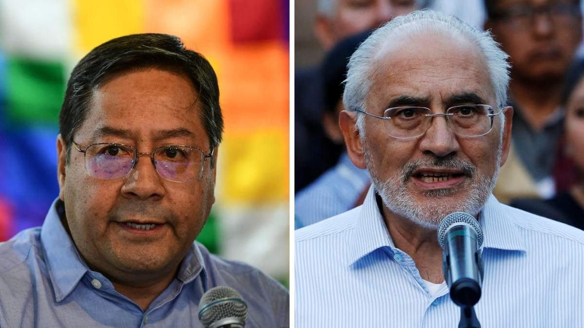 Izquierda: Luis Arce, de Movimiento al Socialismo (izquierda). Derecha: Carlos Mesa, de Conciencia Ciudadana (centroderecha). Fuente: (Twitter)