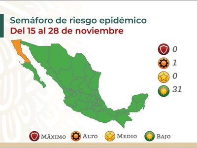 Así quedó el semáforo del 15 al 28 de noviembre: 31 estados en verde y uno en naranja