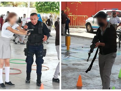 Policías de Purísima del Rincón prestan sus armas a estudiantes de secundaria