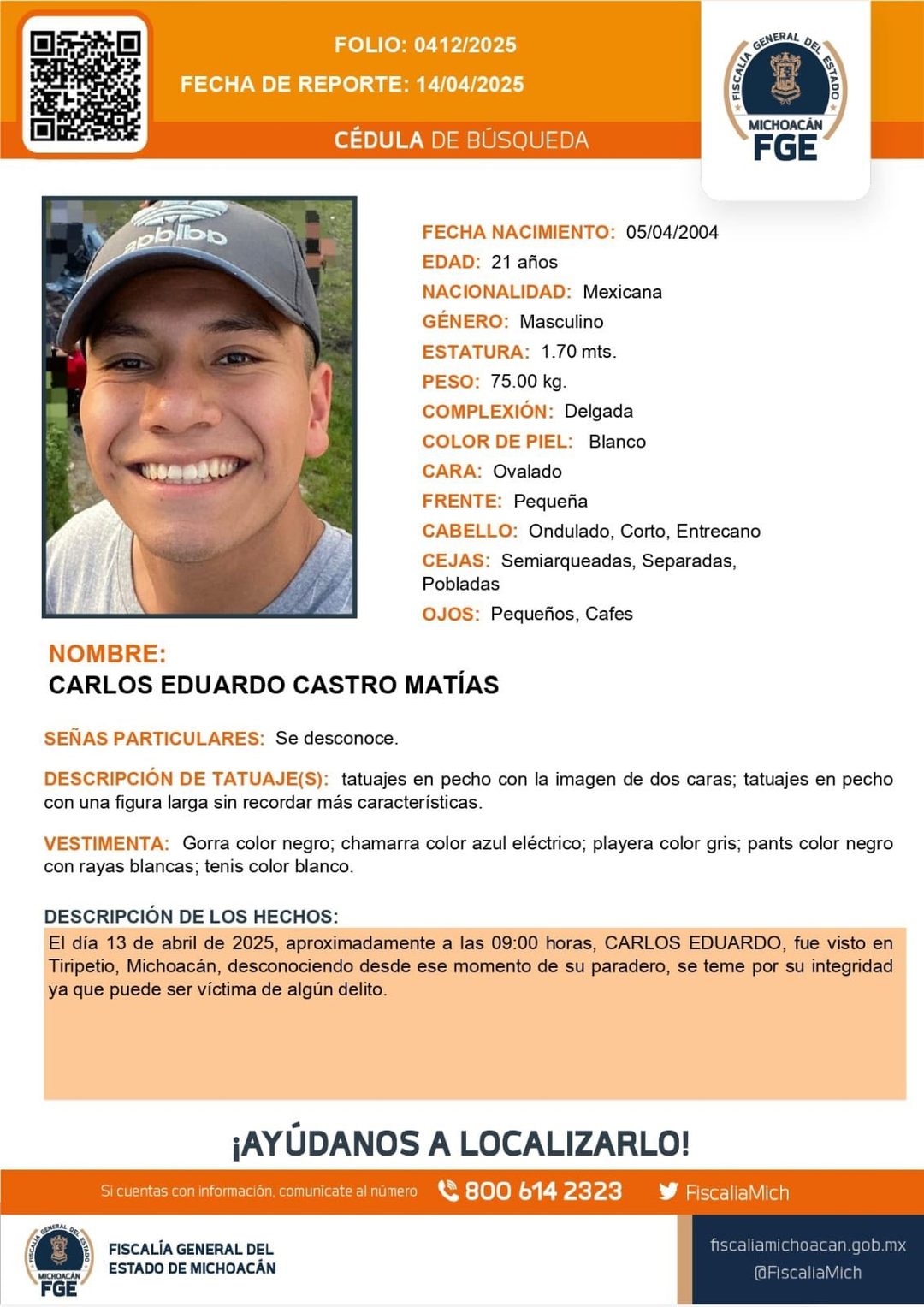 El normalista Carlos Eduardo Castro Matías, normalista desaparecido en Michoacán