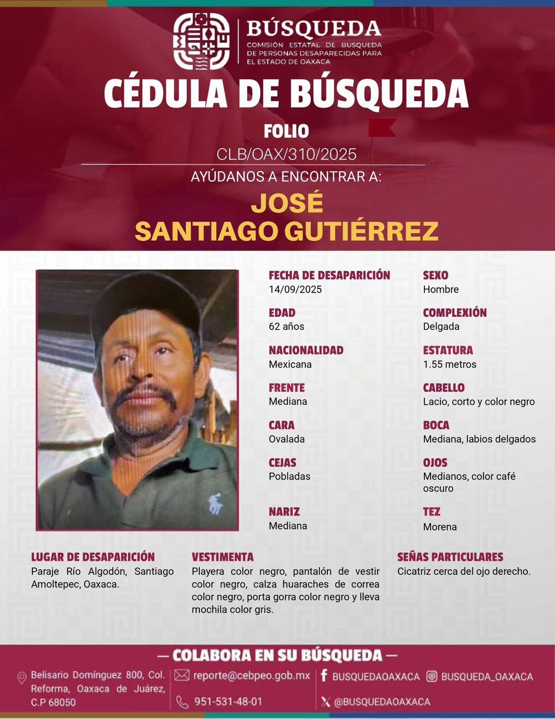 Ficha de búsqueda de José Santiago Gutiérrez, desaparecido tras reavivarse conflicto agrario